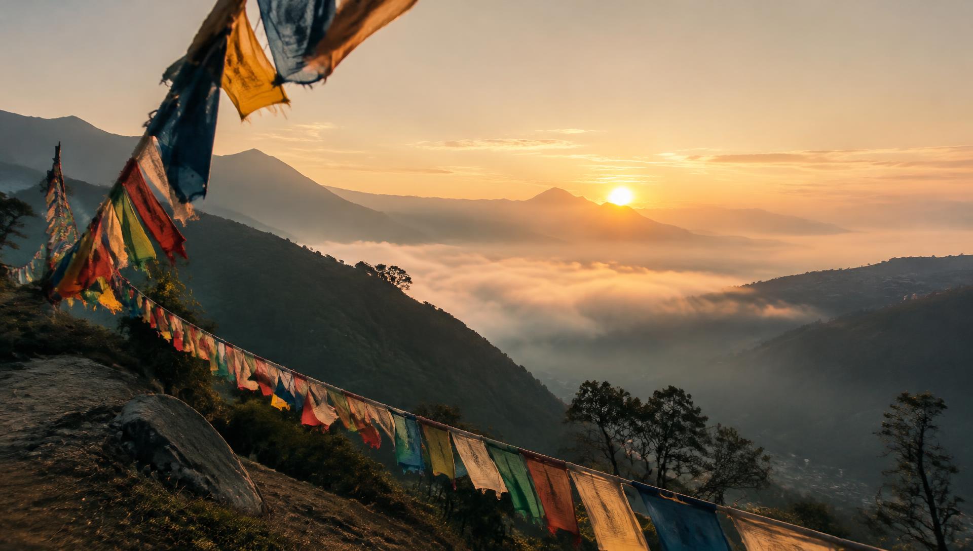 Sunrise over Himalayan valley with prayer flags